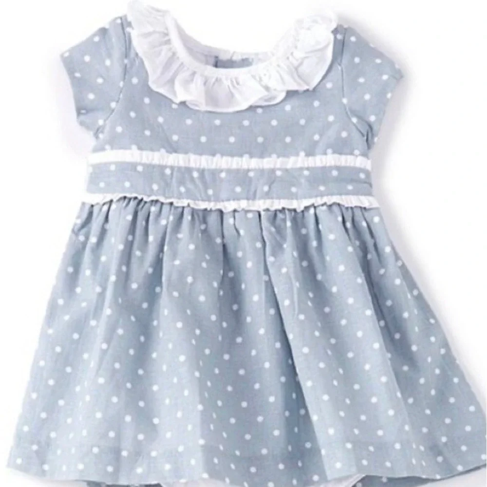 Edgehill Collection Toddler Girl Blue Polka Dot Ruffle Dress 2T Cap Sleeve